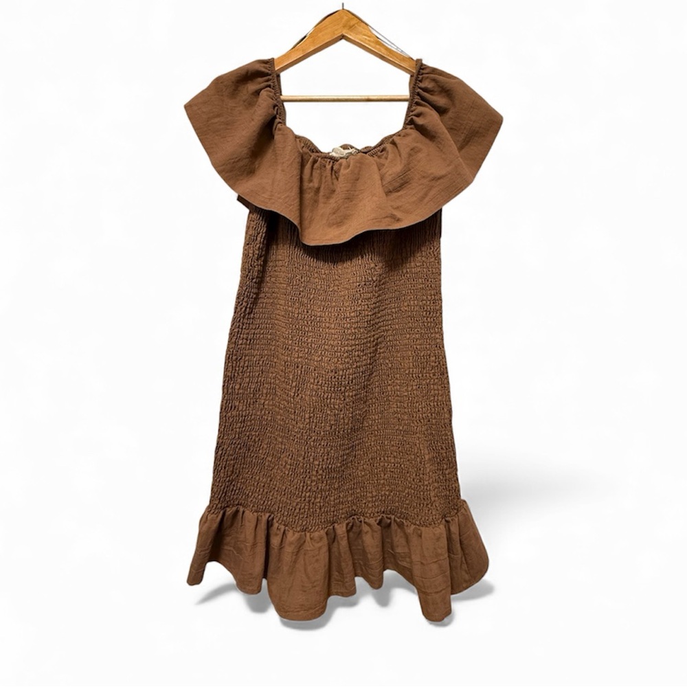 Anthropologie Off-The-Shoulder Smocked Mini Dress Chocolate Brown | Women's XL
